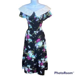 Vintage 80’s Stuart Alan Floral Off the Shoulder Button Down Midi Dress Size Med